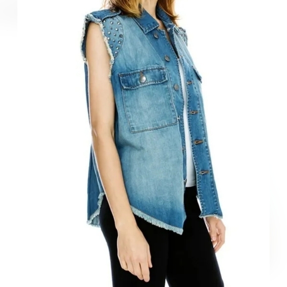 Mono B Distressed Studded Denim Vest Heavy Metal Rocker Chic One Size - Picture 5 of 11